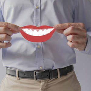 Man’s hands holding a digital mouth and lips